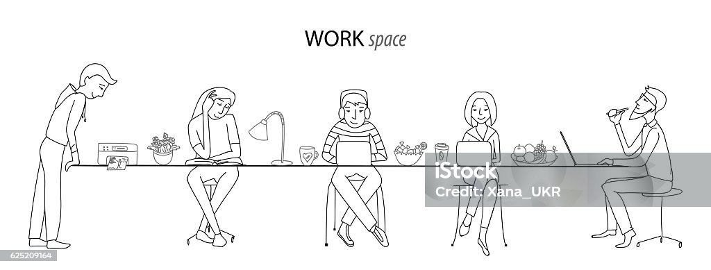 Work space thin line vector concept Work space, office, coworking, team work concept, thin line style vector Drawing - Activity stock vector