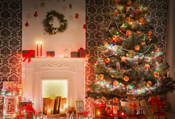 istock Christmas room interior design, decorated tree in garland lights 625218020