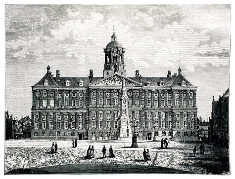Amsterdam dam palace as seen in 1897 nowadays  famous center of Amsterdam with a world war memorial