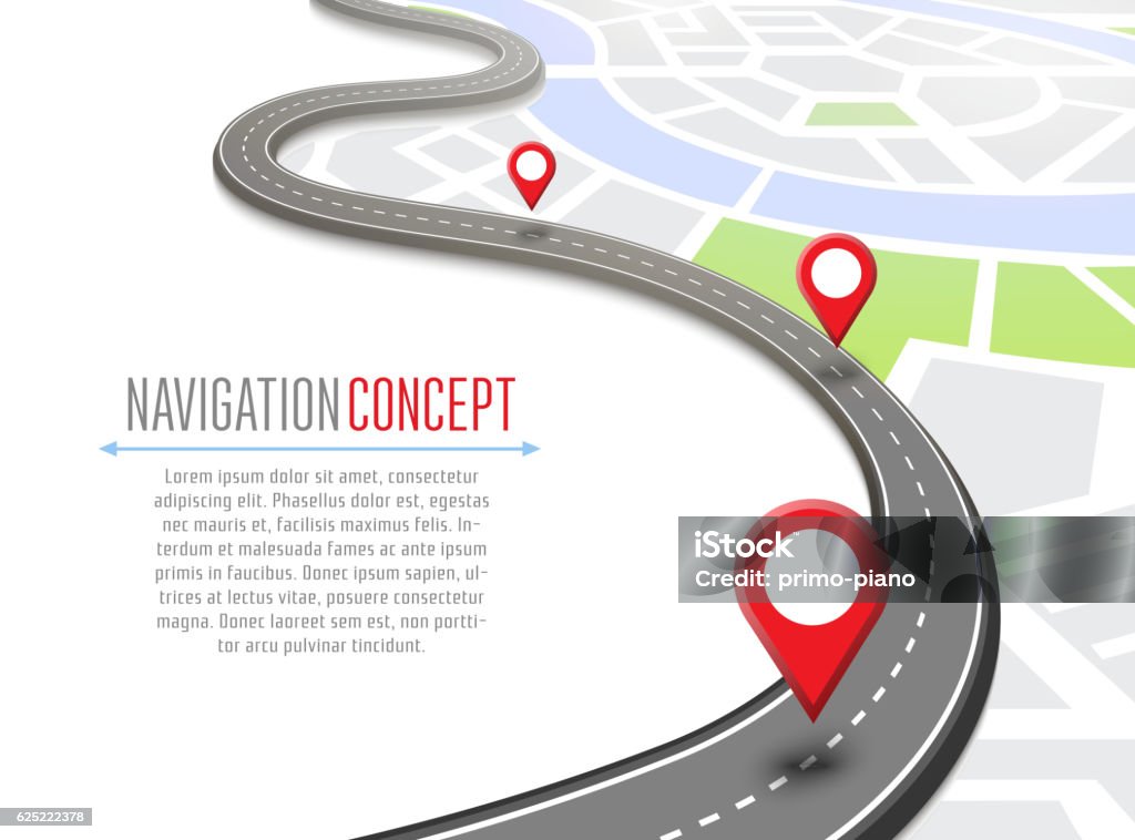Navigation concept with pin pointer Navigation concept with pin pointer vector illustration. Cartography mapping, ui pinning, discovery, geotag, tourism geolocation. GPS navigation system banner. Location pin on perspective city map. Map stock vector