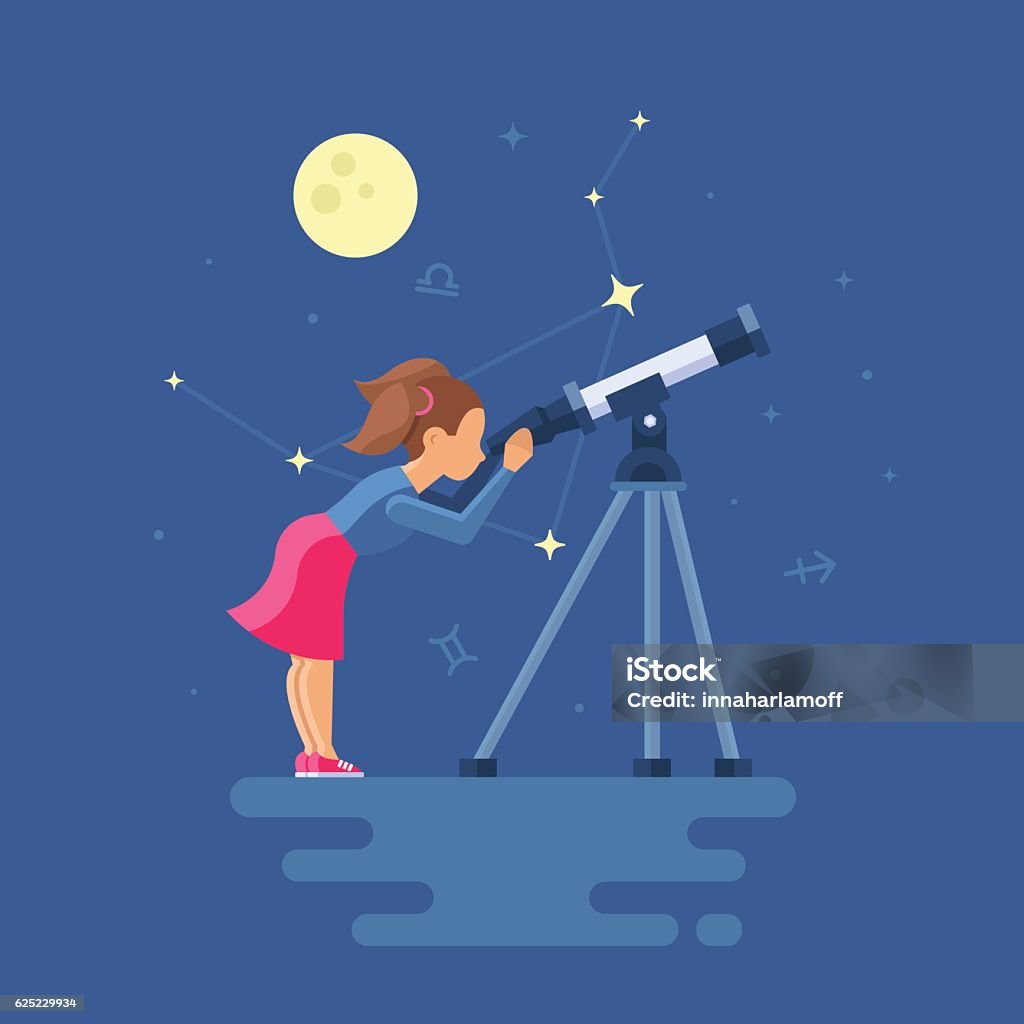 Vector illustration of girl looking through a telescope Vector illustration of girl looking through a telescope and watching the stars. Clipart of Libra on the night city. Trend modern flat pseudo volume style. Moon and Zodiac signs. Telescope stock vector