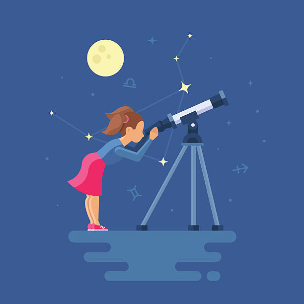 Vector illustration of girl looking through a telescope Vector illustration of girl looking through a telescope and watching the stars. Clipart of Libra on the night city. Trend modern flat pseudo volume style. Moon and Zodiac signs. starry sky telescope stock illustrations