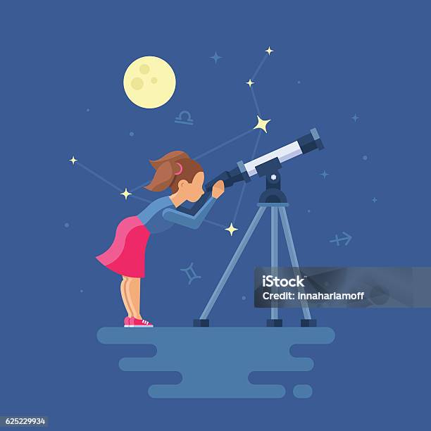 Vector Illustration Of Girl Looking Through A Telescope Stock Illustration - Download Image Now