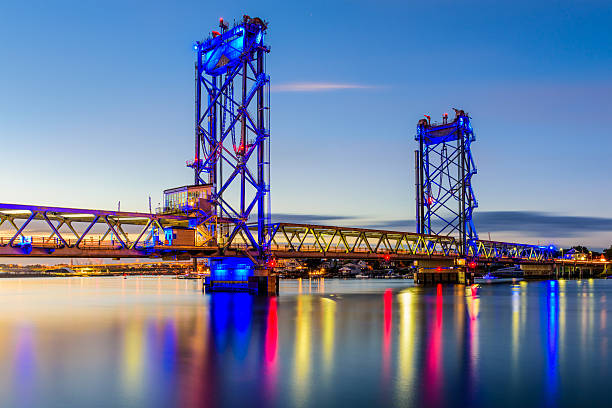 Memorial Bridge in Portsmouth Portsmouth, New Hampshire, USA at Memorial Bridge on the  Piscataqua River. portsmouth nh stock pictures, royalty-free photos & images