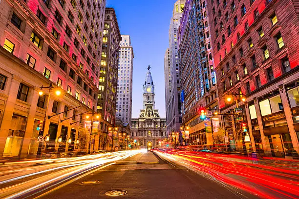 Philadelphia, Pennsylvania, USA downtown cityscape on Broad Street at City Hall.