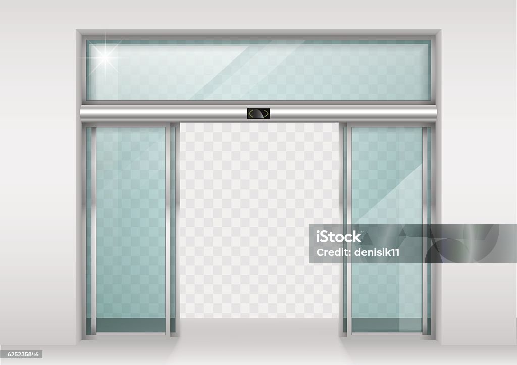 Sliding glass automatic doors Double sliding glass doors with automatic motion sensor. Entrance to the office, train station, supermarket. Door stock vector