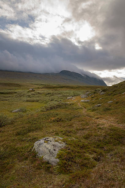 istock Trail leading to ancient Sami shelter in a desolate landscape 625237054