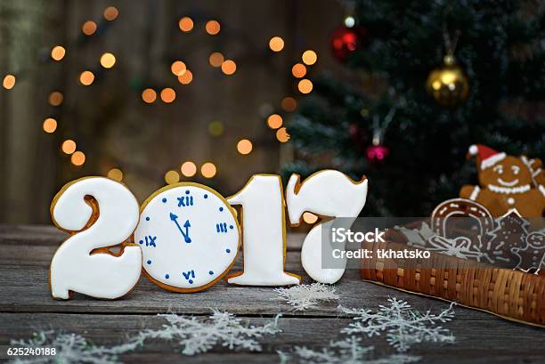 Christmas Homemade Gingerbread Cookies On Table New Year 2017 Stock Photo - Download Image Now