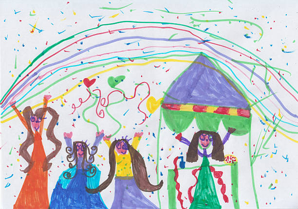 Drawing of three princess having a party made by a six years old girl.