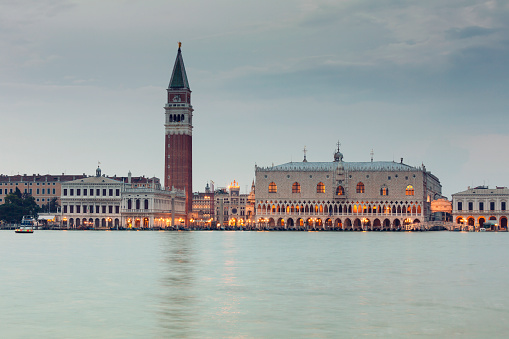 View of St Mark's Square in Venice Italy at twilight.