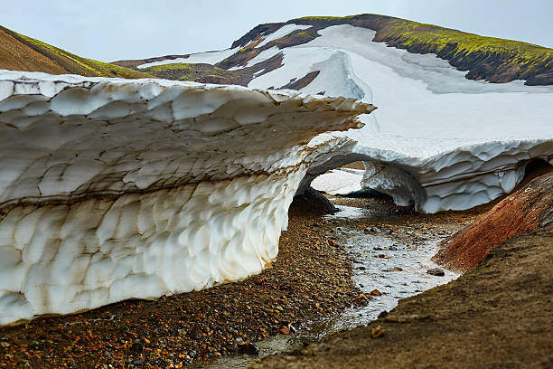 Valley National Park Landmannalaugar. On the gentle slopes of the mountains are snow fields and glaciers. Magnificent Iceland in the August. Glacier near creek