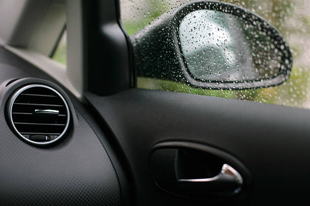 View on part of interior car with vent and door handle and side mirror