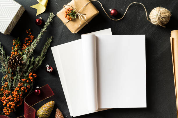 istock Folded magazine with blank page in Christmas concept flat lay 625269996