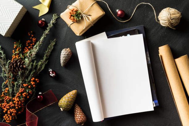 istock Folded magazine with blank page in Christmas concept flat lay 625270590