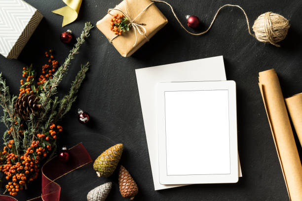 istock Blank screen tablet pc, white cover magazine, Christmas flat lay 625271778