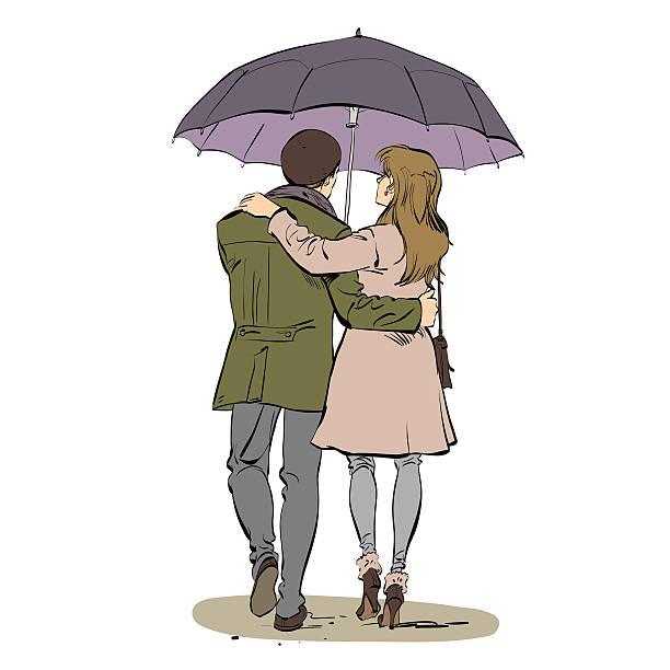 вернуться пара мужчина и женщина ходить под зонтиком - vector illustration and painting men caricature stock illustrations