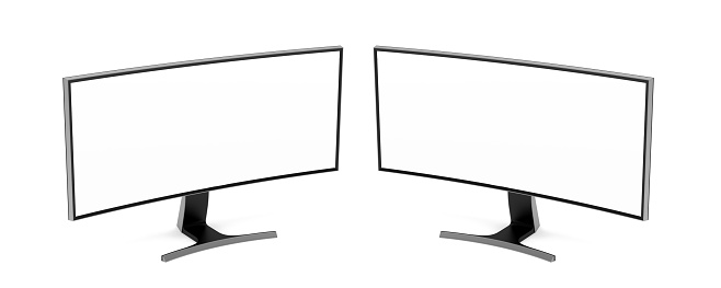 Two ultra widescreen LED-Lit computers monitor with blank white screen, isolated on white background.