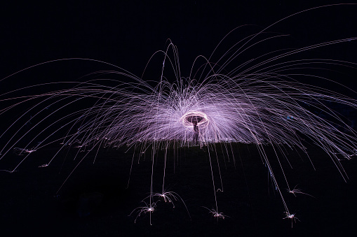 Burning Steel Wool spinning. Showers of glowing sparks from spinning steel wool, in Thailand