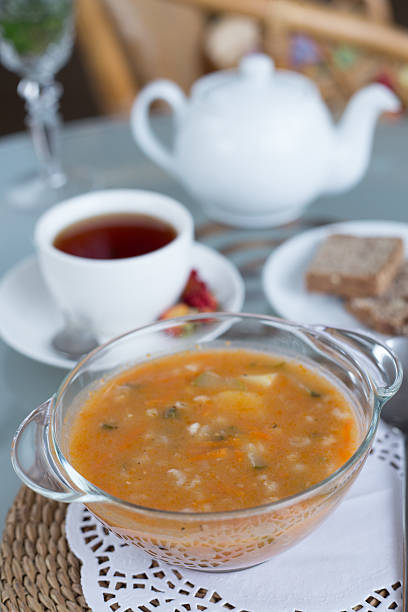 istock decorated table, lunch, hot soup, cup of tea, Vegetarian 625279696