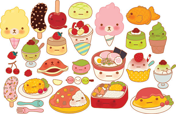 ilustrações, clipart, desenhos animados e ícones de coleção de adorável bebê ícone de rabisco de comida japonesa, omelete fofa - box cake food lunch