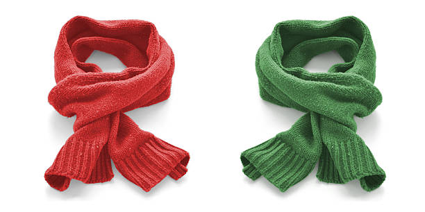 istock Red and green warm scarves on a white background. 625282508