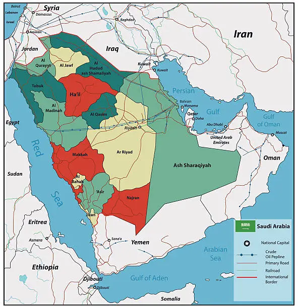 Vector illustration of Saudi Arabia map with selectable territories. Vector