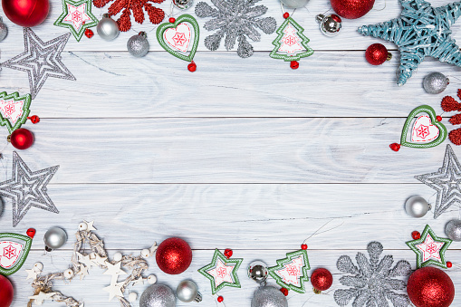 Christmas background on the white wooden table