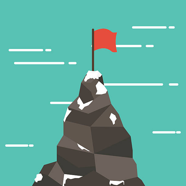 istock Red flag on a mountain peak. success and mission. 625283944