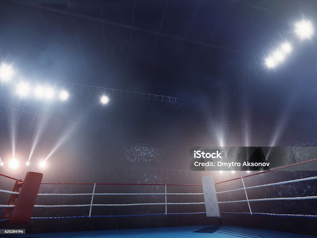 Boxing: Empty professional ring with crowd 3D made empty professional indoor ring with crowd on the bleachers with intensional lenseflares and fog. Boxing Ring Stock Photo