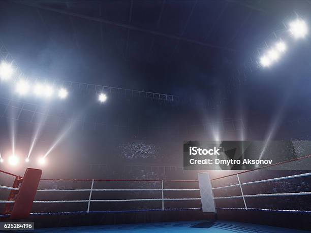 Boxing Empty Professional Ring With Crowd Stock Photo - Download Image Now - Boxing Ring, No People, Stadium