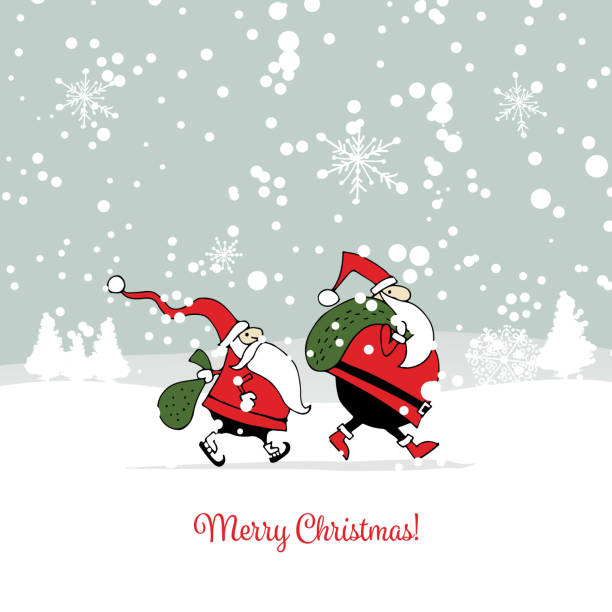 istock Santa brothers in winter forest. Christmas card 625298188