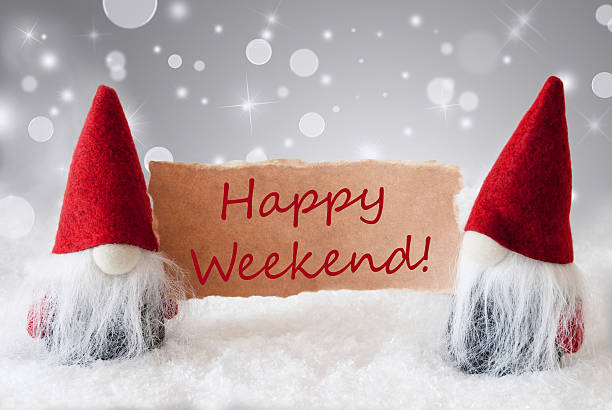 istock Red Gnomes With Card And Snow, Text Happy Weekend 625303332