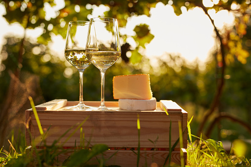 Two glasses of white wine with cheese on wooden box, toned at sunset