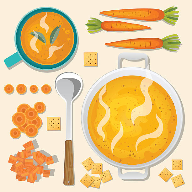 Food Cooking Flat Lay - Soup Flat lay of foods and cooking utensils on a bright coloured background. Assorted kitchen gadgets and cooking items. squash soup stock illustrations