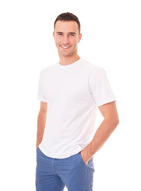 hombre de camiseta blancas - imitation beauty beautiful looking at camera fotografías e imágenes de stock