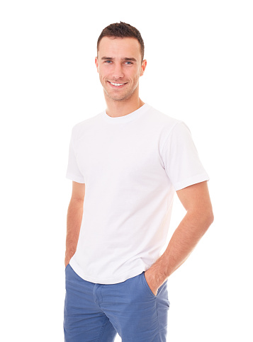 Handsome man in white t-shirt on white background