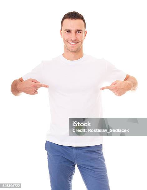 Man Showing Empty Copyspace On White T Shirt Stock Photo - Download Image Now - Button Down Shirt, White Color, White People
