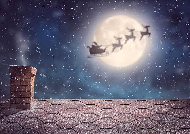 Santa Claus flying in his sleigh Merry Christmas and happy holidays! Santa Claus flying in his sleigh on background moon sky. Christmas story concept. animal sleigh photos stock pictures, royalty-free photos & images