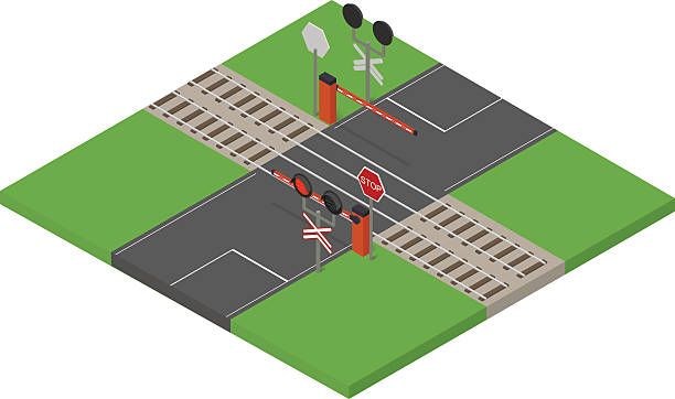 信号機と道路の障壁。フラットアイソメ。 - crossing railroad track boundary gate点のイラスト素材／クリップアート素材／マンガ素材／アイコン素材