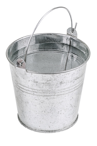 full metal bucket with water on white background