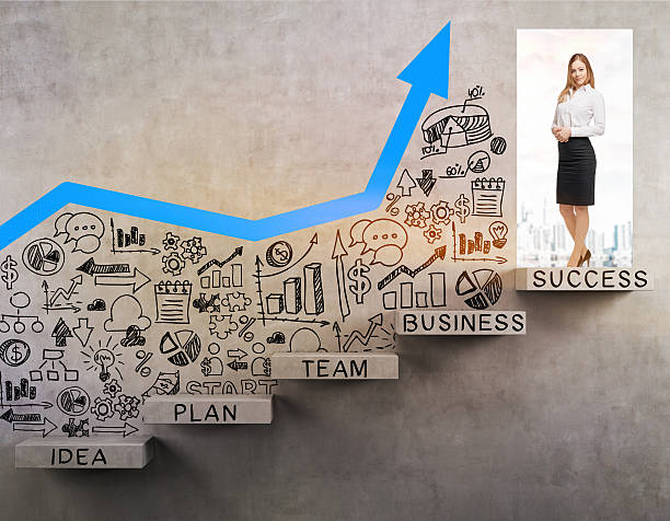 istock Blond woman in doorway with blue graph 625327412