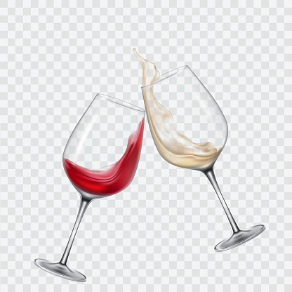 Set transparent vector glasses with white and red wine