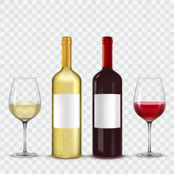 illustrations, cliparts, dessins animés et icônes de deux bouteilles et verres de vin - rouge blanc - wineglass illustration and painting isolated on white clipping path