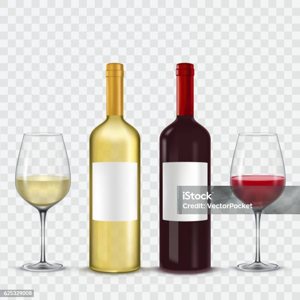 Deux Bouteilles Et Verres De Vin Rouge Blanc Vecteurs libres de droits et plus d'images vectorielles de Bouteille de vin - Bouteille de vin, Blanc, Verre à vin