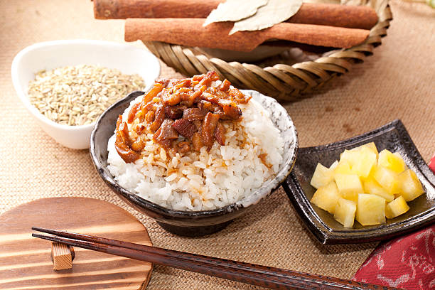 Braised pork and egg on rice. Soy-stewed pork rice. Taiwanese Cuisine