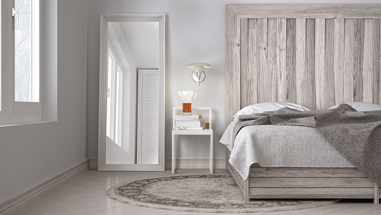DIY bedroom, bed with wooden headboard, scandinavian white eco chic design