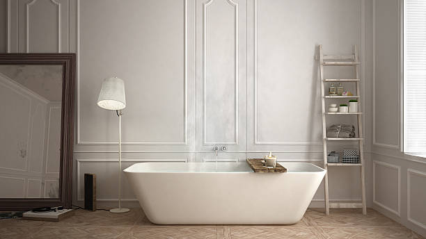 istock Scandinavian bathroom, white minimalistic design, hotel spa reso 625357454