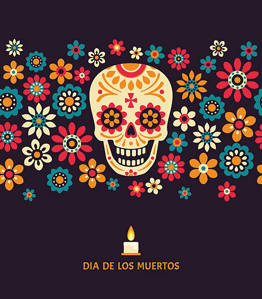 Day of the Dead.  Day of The Dead vector poster with smiling sugar festive skull, surrounded by colorful flowers, isolated on dark background. human skull stock illustrations