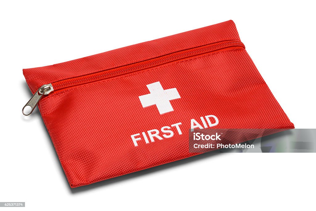 First Aid Bag Red First Aid Kit Bag Isolated on White Background. Accidents and Disasters Stock Photo