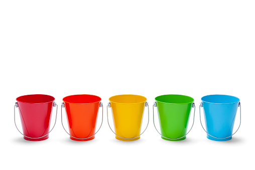 Five Colored Buckets in Rainbow Isolated on White Background.